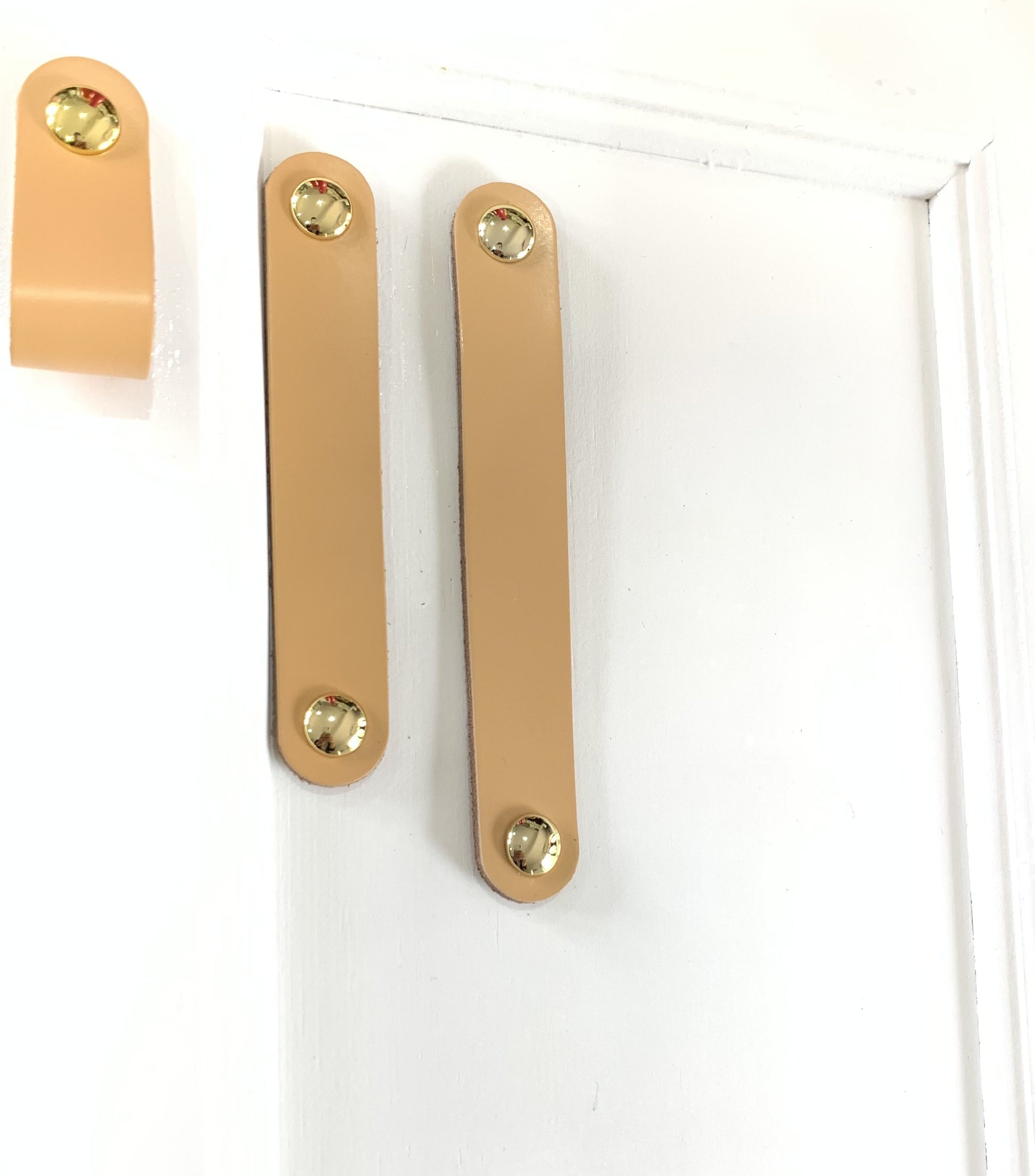 Beige Genuine Leather Drawer Pull with Gold screw head