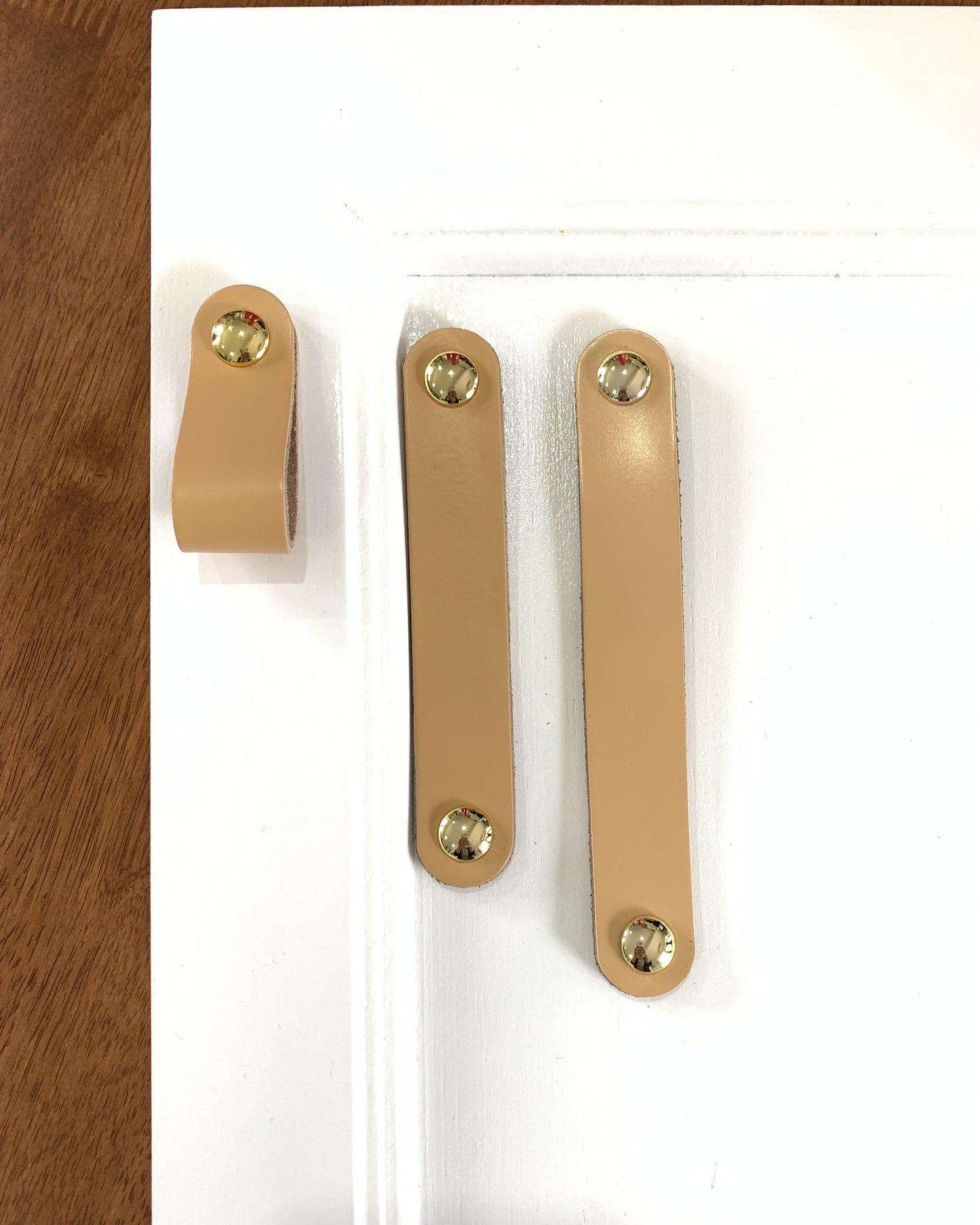 Beige Genuine Leather Drawer Pull with Gold screw head