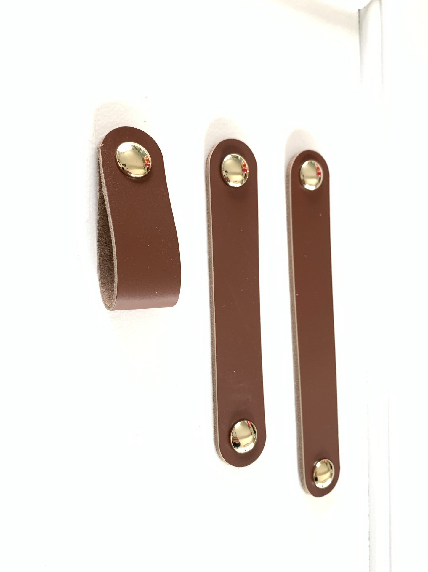 Brown Genuine Leather Drawer Pull with Gold screw head