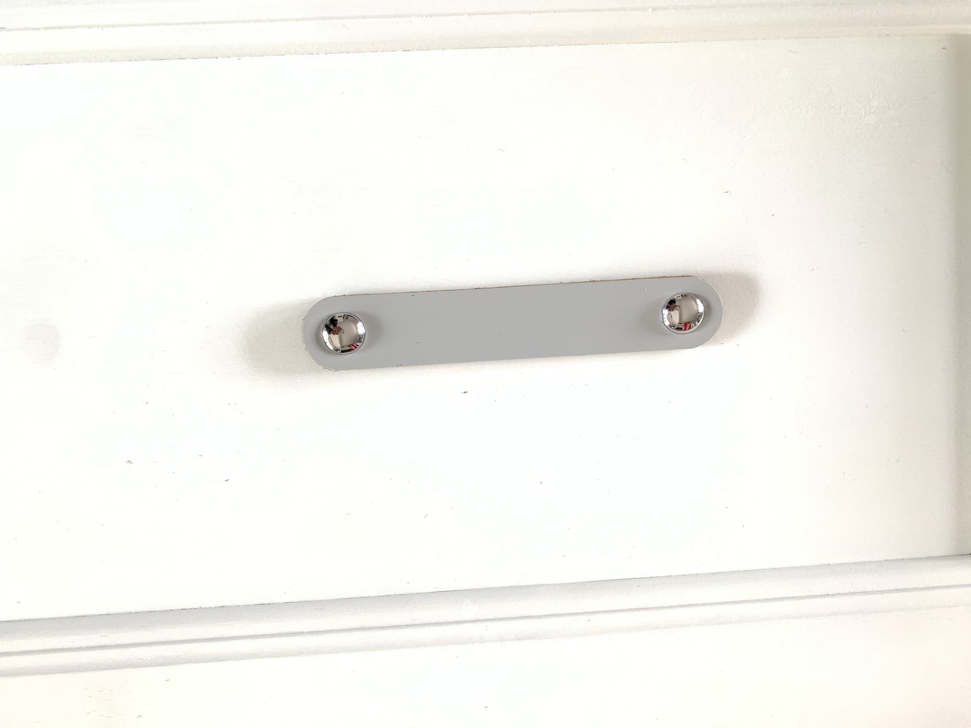 Light Grey Genuine Leather Drawer Pull with chrome screw head