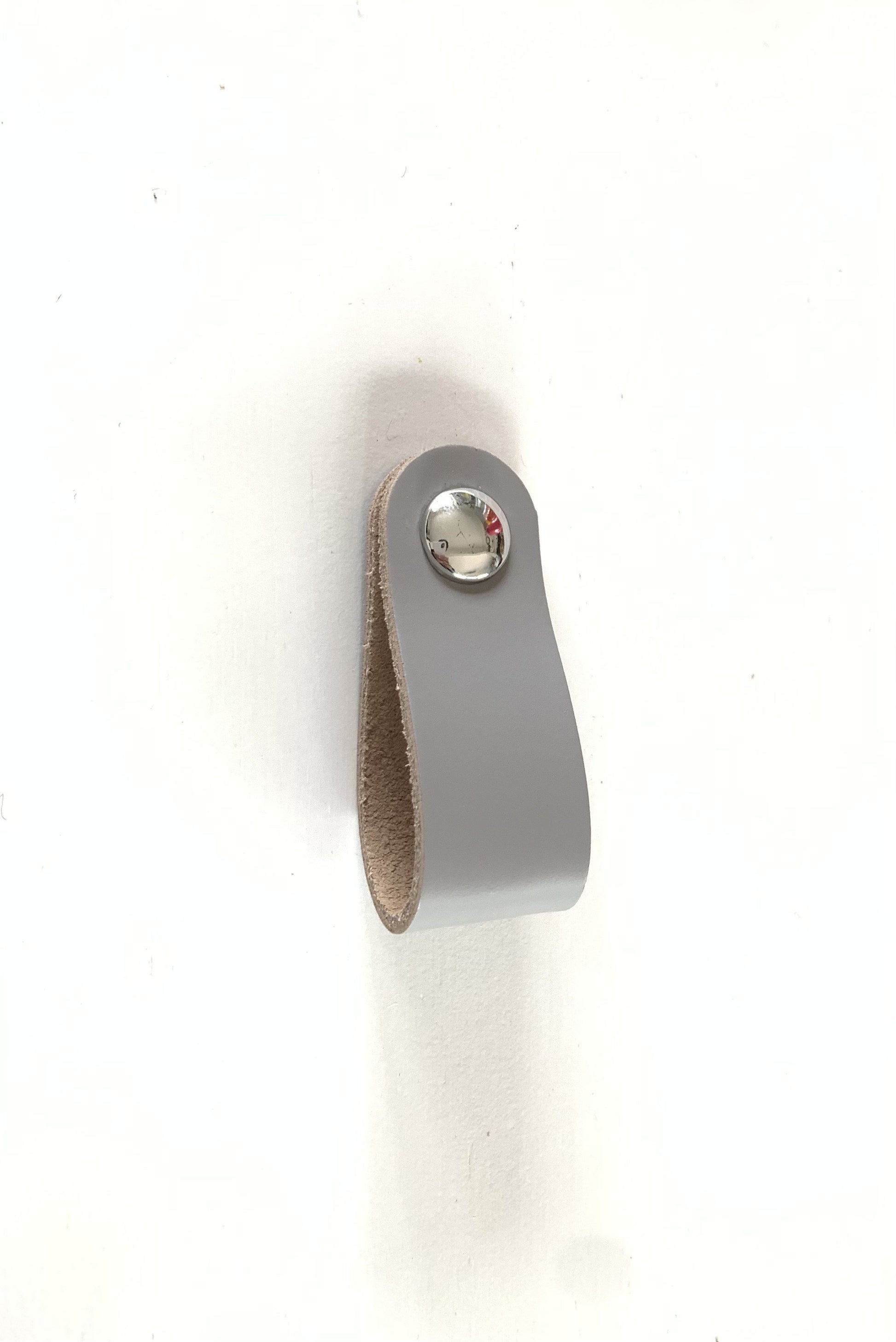 Light Grey Genuine Leather Drawer Pull with chrome screw head